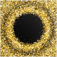 Gold glitter frame with empty space for text. Scattered golden confetti. Golden round dots. Bright shining gold. Rich luxury fashion glitter backdrop.
