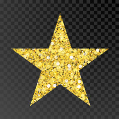 Gold glitter vector star. Golden sparcle star on black transparent background. Amber particles.