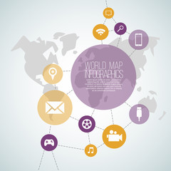 Vector illustration. An infographic template with map of the world and various icons and place for text. Use for business presentations, education, web design
