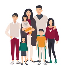 Obraz premium Large family portrait. Asian mother, father and five children. Happy people with relatives. Colorful flat illustration.