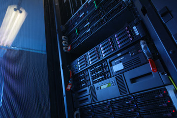 Many powerful servers running in the data center server room