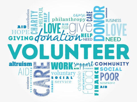Volunteer word cloud collage, social concept background