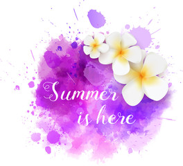 Purple watercolor splash with frangipani tropical flowers and calligraphy message 