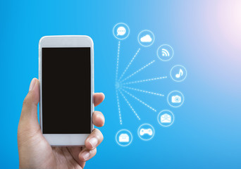 Man's hand shows mobile smartphone in vertical position
