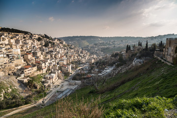 View on the Jerusalem from the Old City on sunny day. Travel and vacation concept. Israel landmarks.