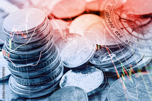 Pile And A Stack Of Coins With Technical Chart Of Financial - 