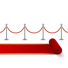 Rolled red carpet and fence with metal stanchions, vector, isolated on white