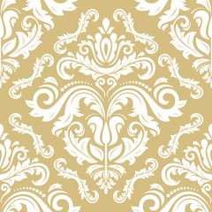 Damask classic white and golden pattern. Seamless abstract background with repeating elements