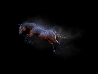 Obraz na płótnie Canvas A horse moving and jumping with dust particle effect on black background, 3d illustration