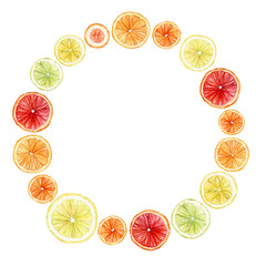Watercolor round frames made from citrus fruits slices: orange, lime, lemon, grapefruit. isolated on white.