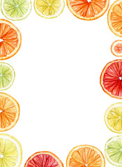 Watercolor citrus frame made from slices of orange, lemon, lime, grapefruit isolated on white