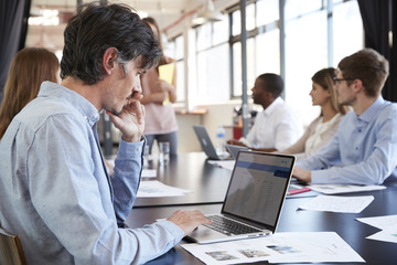 Fototapeta premium Mid adult male using laptop at a business meeting