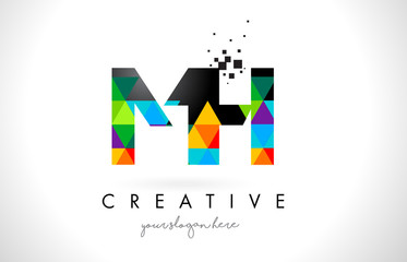MH M H Letter Logo with Colorful Triangles Texture Design Vector.