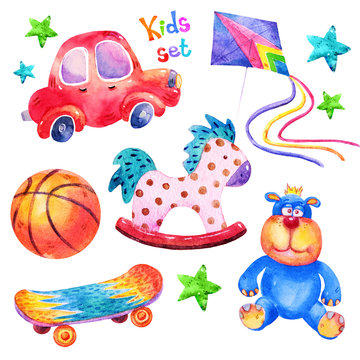 Colorful Watercolor kids set in cartoon childish toys stile of car,dog,star,Skate,kite,basketball,rocking horse illustration isolated on white background.Perfect for childrens book,shop,print,design