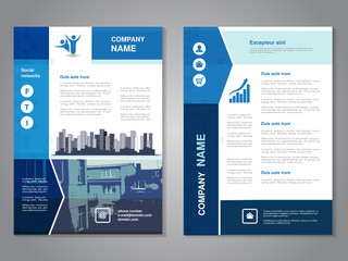 Vector modern brochure, abstract flyer with background of buildings. City scene. Layout template. Aspect Ratio for A4 size. Poster of blue, grey, black and white color. Magazine cover.