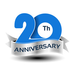 Vector 20 years anniversary, blue number with silver ribbon