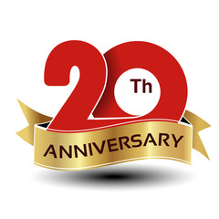Vector 20 years anniversary, red number with golden ribbon
