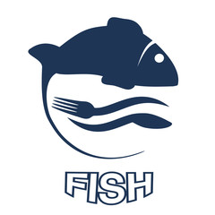 Vector fish silhouette with waves, fork and knief. Circular seafood symbols isolated on white background for produkt design or menu restaurant.