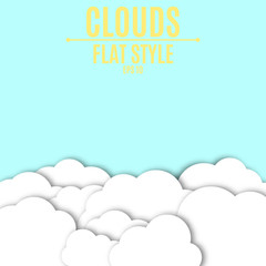 Light, paper clouds with a shadow on a blue sky. Light background. Vector illustration in a flat style. A place for your projects