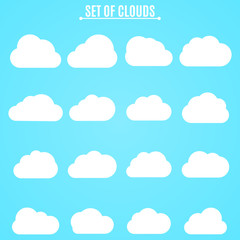 Set. Collection of light clouds of white in the blue sky. Vector illustration in a flat style