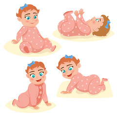 Set with cute smile little baby girl in pink pajama. Happy child. Vector illustration.