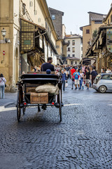 A traditional horse carriage carries tourists on Via Por Santa Maria towards Ponte Vecchio, the historic center of Florence, Italy