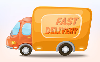 Cartoon delivery truck icon. Delivery service concept. Isolated on white. Vector Illustration.
