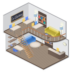 Isometry creative work space. Coworking. Vector Illustration.