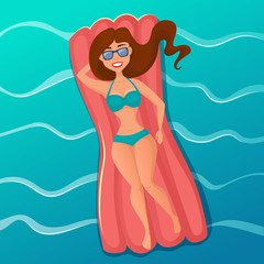 Young girl lying on swimming pool mattress in the sea. Background of summer beach vacation. Vector cartoon illustration.