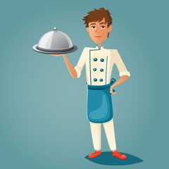 Chef cook character holds a tray. Vector illustration.