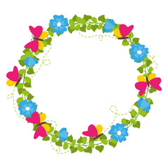 Spring wreath with flowers and butterflies isolated vector