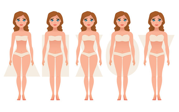 Female body figures. Woman shapes, five types: hourglass, triangle, inverted triangle, rectangle, pear/rounded. Vector illustration.
