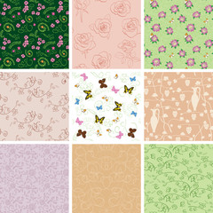  floral backgrounds with flowers and butterflies - vector seamless patterns