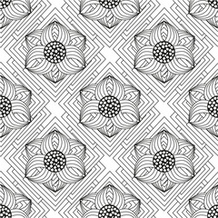Seamless black and white pattern for adult coloring book. Floral elements for zentangle-style meditation. Good for design of wrapping and textile.