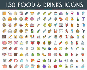 Fototapeta na wymiar Food and drinks flat line icons