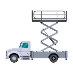 Aerial man utility scissor lift truck crane. Side view mobile lift truck. Isolated vector illustration