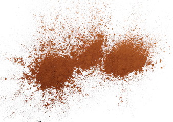 pile cocoa powder isolated on white background, with top view