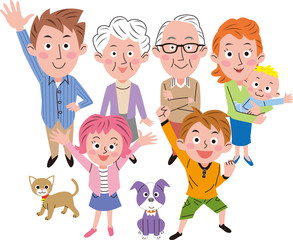 家族イラスト　二世帯家族　ペット　俯瞰