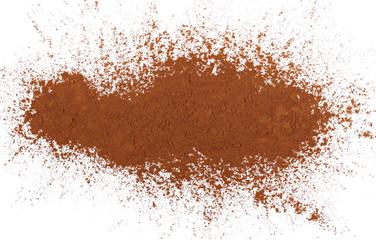 Fototapeta na wymiar pile cocoa powder isolated on white background, with top view