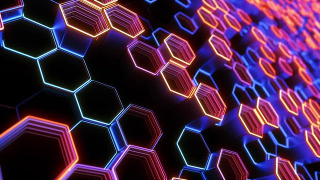 Low angle shot of diagonal camera movement over modern hexagon background. Seamlessly looping animation.