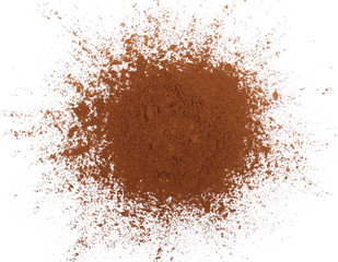 pile cocoa powder isolated on white background, with top view