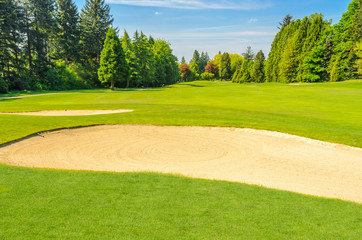 Golf course with gorgeous green and sand bunker