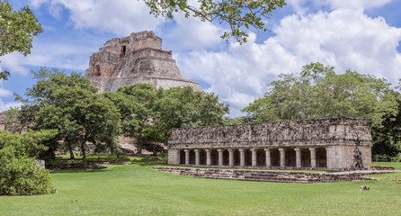 Panoramic view of the rotunda and the pyramids in the ancient city Uxmal - Yucatan, Mexico