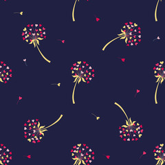 Vector stylized background dandelion in the form of hearts. The flower symbolizes love, friendship and acceptance. Floral seamless pattern.