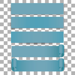 Set of blue realistic banners. Blue, curved, paper banner isolated on transparent background. Vector illustration