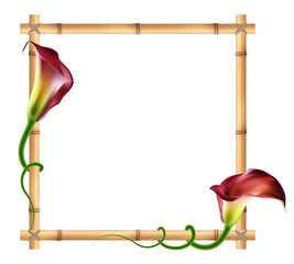 Яркие цветы, огненно-красная калла, квадратная рамка из бамбука.