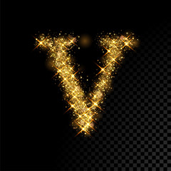 Gold glittering letter V on black background