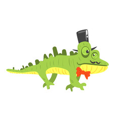 Fototapeta premium Cite cartoon chameleon wearing black top hat. Colorful character vector Illustration