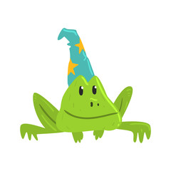 Cute cartoon frog in blue carnival hat with yellow strars. Colorful cartoon character vector Illustration