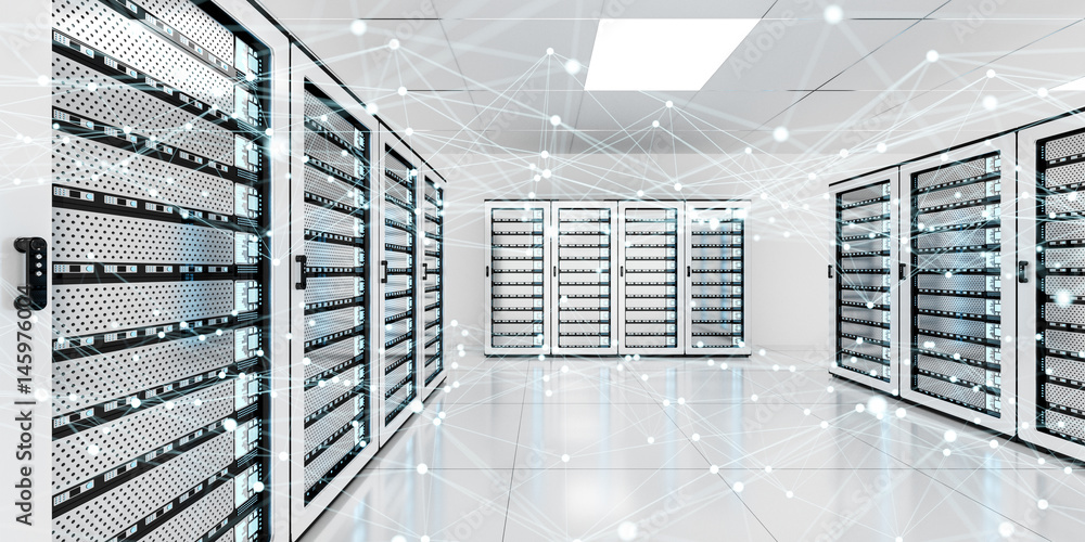 Poster abstract network on server room data center 3d rendering